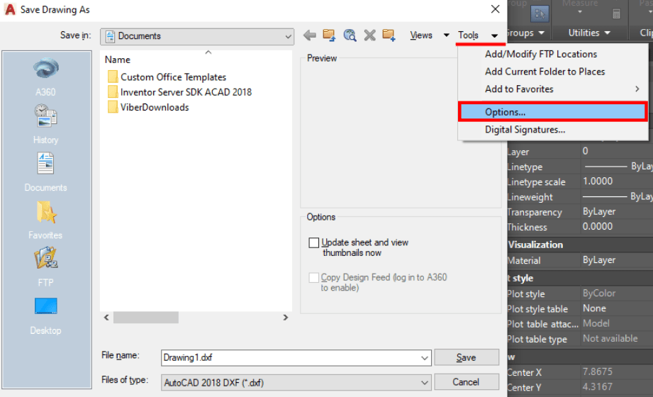 Export to DXF Options