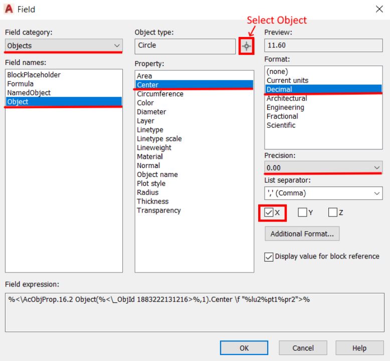 field properties for coordinates in autocad