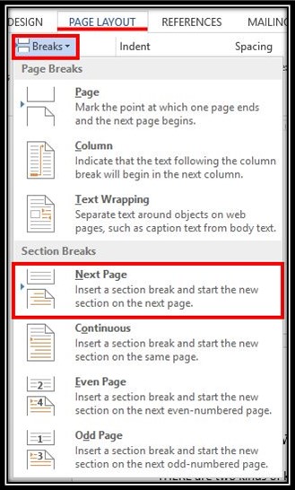 Create section in Microsoft word